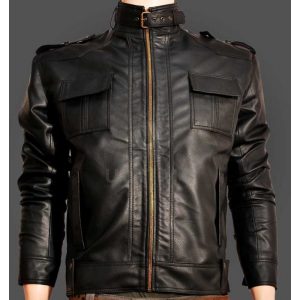 Slim fit Belted Collar Black Leather Jacket For Men's