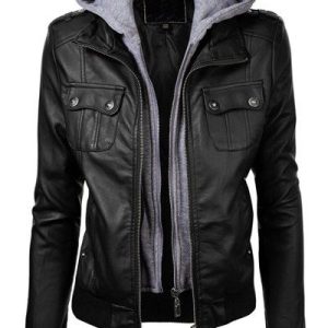 Black Hooded Pocket Design Faux Leather Jacket For Women