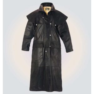 Stylish High Quality Genuine Black Leather Long Trench Coat
