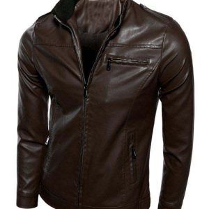Slimming Rib Stand Collar Leather Motorcycle Jacket