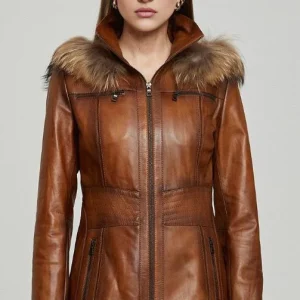 Ariana Women’s Brown Leather Jacket with Faux Fur Hood