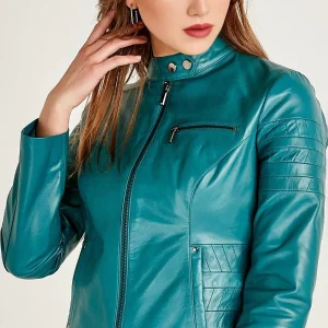 Azure Stylish Blue Leather Jacket For Women