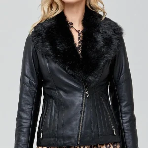 Barbara Fur Collar Black Leather Jacket For Womens