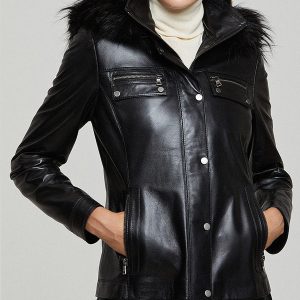 Black Edith Fur Hood Leather Jacket For Women