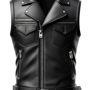 Black pocket Style Biker Leather Vest Men