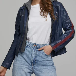 Blue Takeoff Women Leather Jacket With Hood