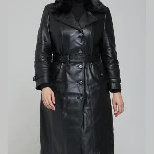 Brenda Black Fur Collar Leather Coat For Women