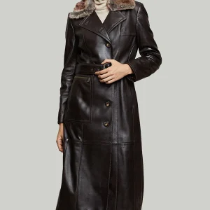 Brown Modena Long Leather Coat With Fur Collar