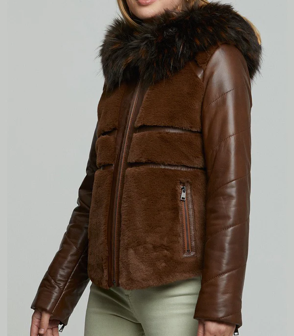Brown Wendy Fur Hood And Front Fur Leather Jacket - Image 3