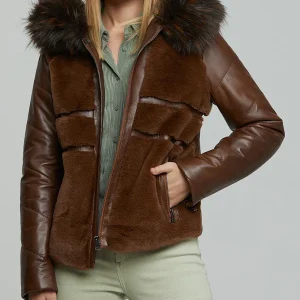 Brown Wendy Fur Hood And Front Fur Leather Jacket