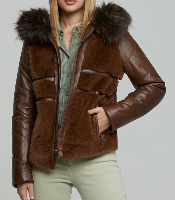 Brown Wendy Fur Hood And Front Fur Leather Jacket