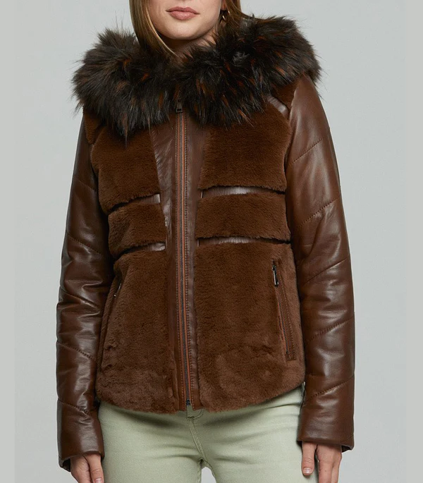 Brown Wendy Fur Hood And Front Fur Leather Jacket - Image 2