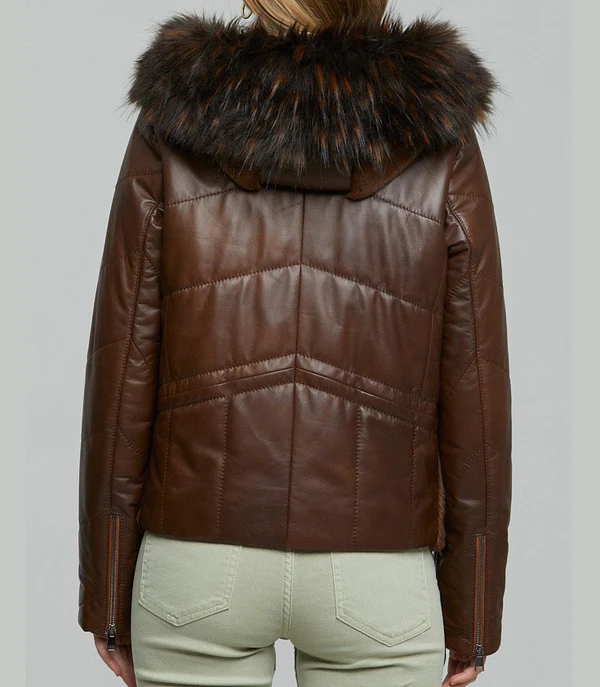 Brown Wendy Fur Hood And Front Fur Leather Jacket - Image 4