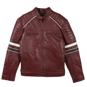 Cafe Racer Dark Red Leather Jacket With Contrast Stripe