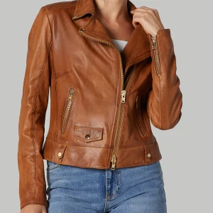 Camel Roxana Brown Biker Leather Jacket For Women