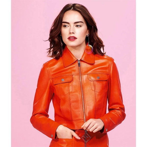 Daisy-Ridley-Orange-Leather-Jacket