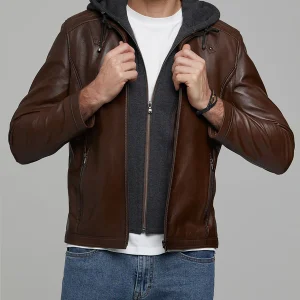 Daniel Brown Leather Jacket With Hoodie