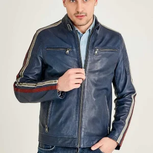 Daytona Blue Cafe Racer leather Jacket