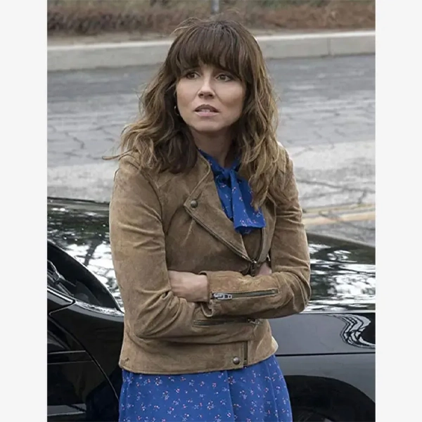 Dead-To-Me-Linda-Cardellini-brown-Suede-Leather-Jacket