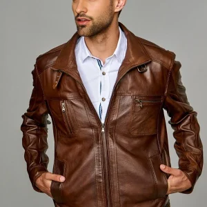 Distressed Brown High Collar Leather Jacket