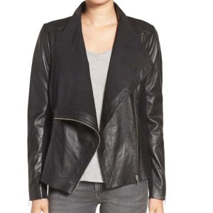 Drape Front Raw Edge Leather Jacket For Women's