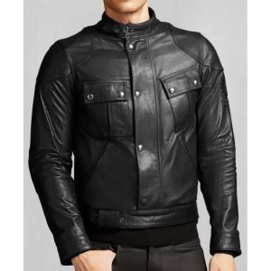 Front Buttoned Mens Biker Black Leather Jacket For Sale