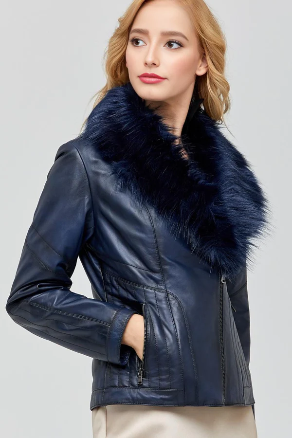 Isabella Dark Blue Leather Jacket With Fur Collar - Image 2