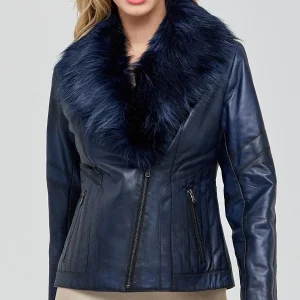 Isabella Dark Blue Leather Jacket With Fur Collar
