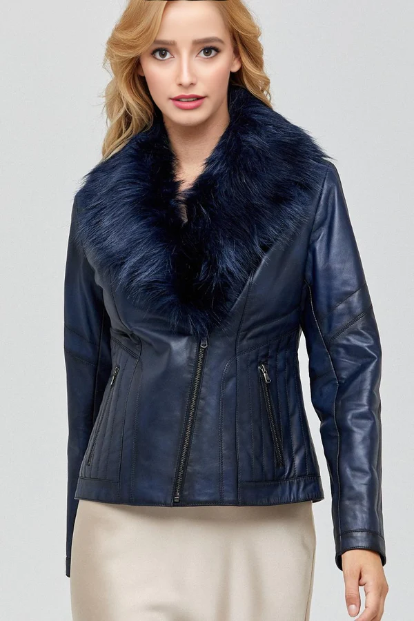 Isabella Dark Blue Leather Jacket With Fur Collar