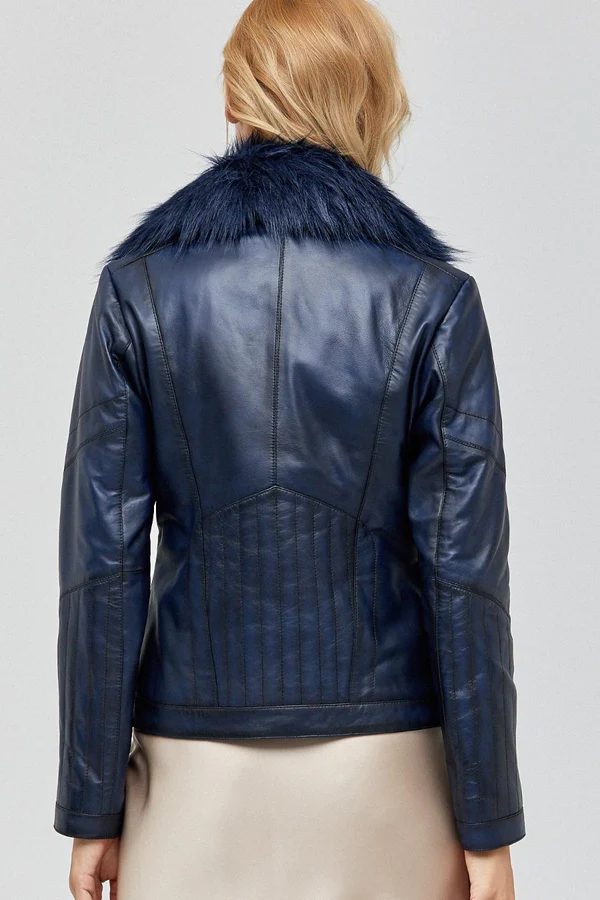 Isabella Dark Blue Leather Jacket With Fur Collar - Image 3