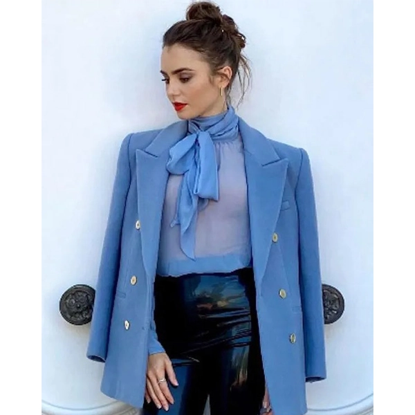Lily Collins Emily in Paris Blue Coat - Image 2