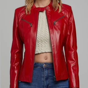 Lucky Red Motor Bike Leather Jacket For Women