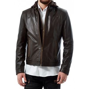 Mens Brown Hooded Leather Jacket