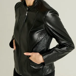 Nita Black Racer Leather Jacket For Women