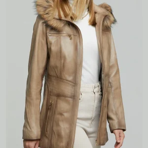 Rachel Brown Fur Hood Leather Jacket Coat