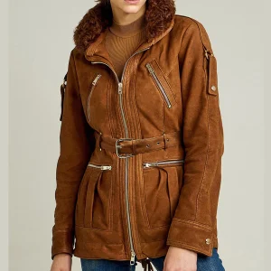 Shakira Brown Suede Fur Collar Women Leather Jacket