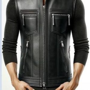 Slim Fit Black Leather Vest For Men