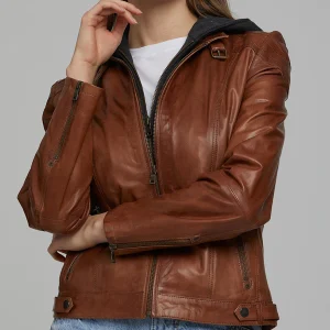 Sophia Brown Leather Jacket With Black Hoodie