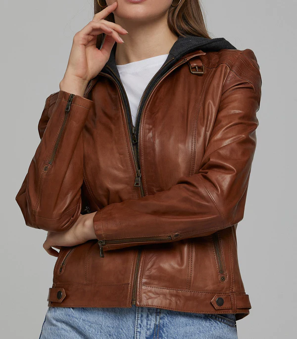 Sophia Brown Leather Jacket With Black Hoodie