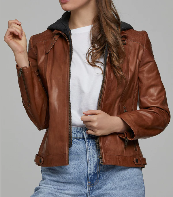 Sophia Brown Leather Jacket With Black Hoodie - Image 2