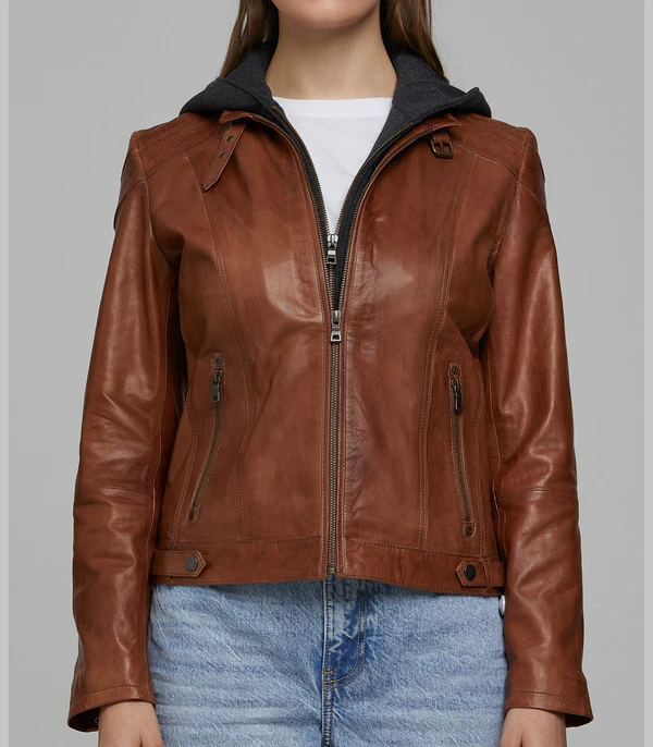 Sophia Brown Leather Jacket With Black Hoodie - Image 3