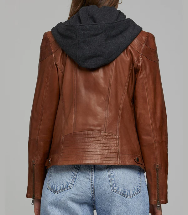 Sophia Brown Leather Jacket With Black Hoodie - Image 4