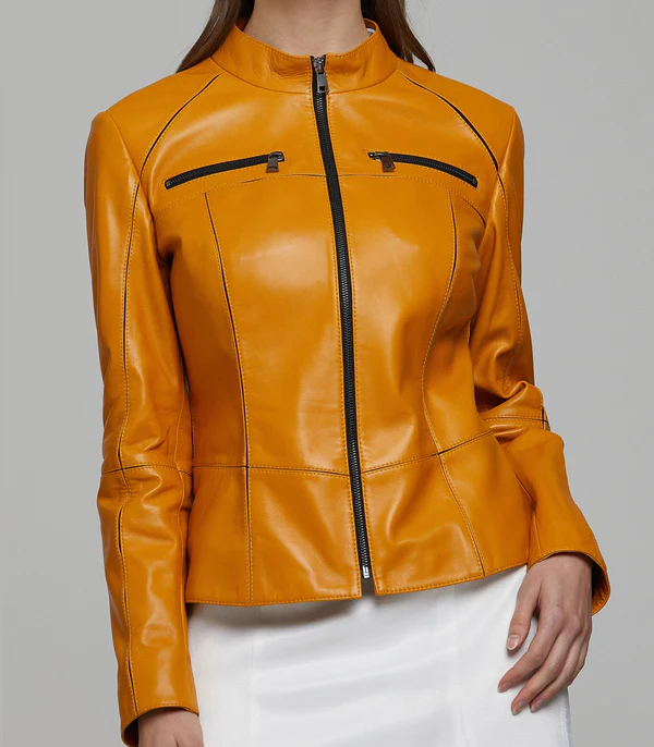 Stella Biker Racer Yellow Leather Jacket For Women's - Image 2