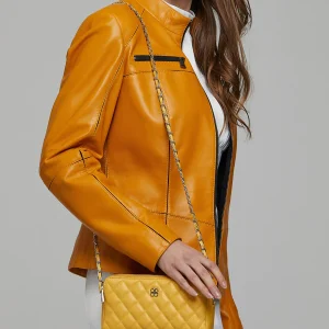 Stella Biker Racer Yellow Leather Jacket For Women's