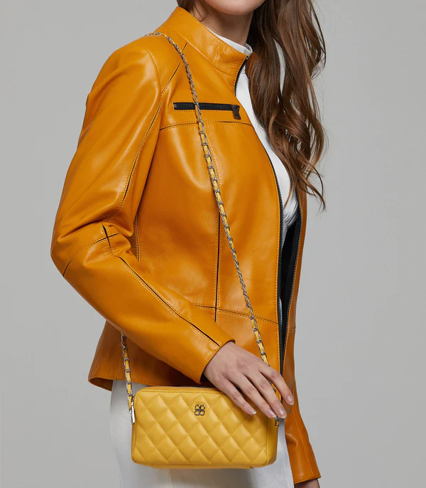 Stella Biker Racer Yellow Leather Jacket For Women's
