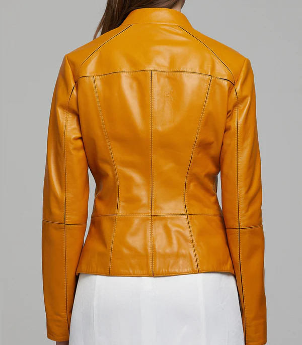 Stella Biker Racer Yellow Leather Jacket For Women's - Image 4