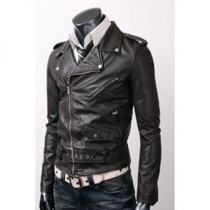 Belted Slim Fit High Quality Black Leather Jacket Men's
