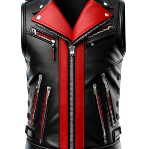 Black and Red Stylish Biker Leather Vest Men