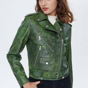 Caroline Green Waxed Biker Leather Jacket For Women's