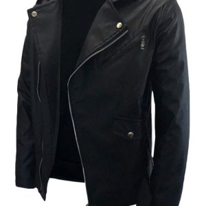 Belted Asymmetrical Zip PU Leather Biker Jacket Black